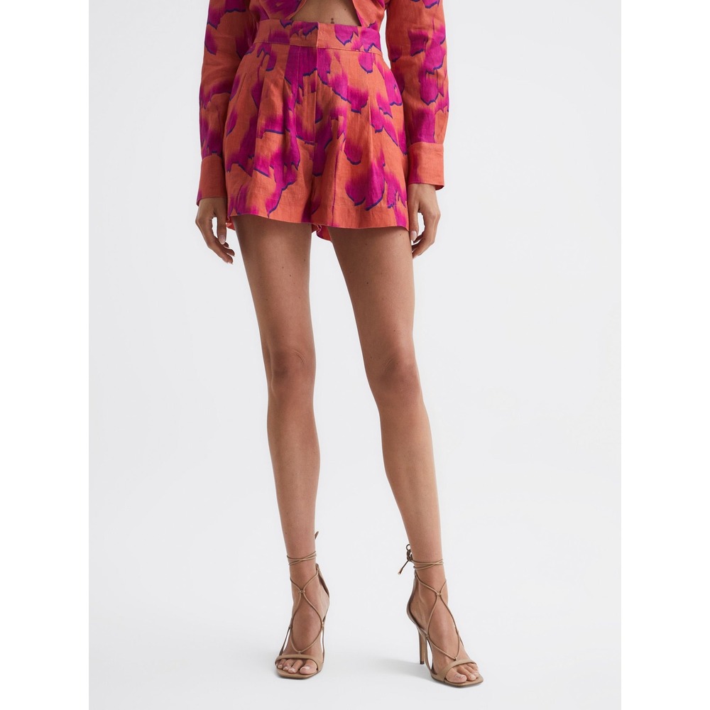 Reiss Sky Womens Pink Orange Abstract Floral 100% Linen High Waisted Shorts 12